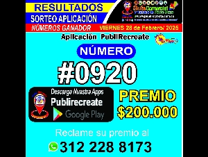 SORTEO APLICACIÓN PUBLIRECREATE  28 - 02-2025 /RECLAME PREMIO